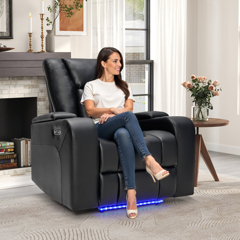 38 Faux Leather Upholstered Power Recliner with Arm Compartment USB A C Electric reclining Home Theater Chair